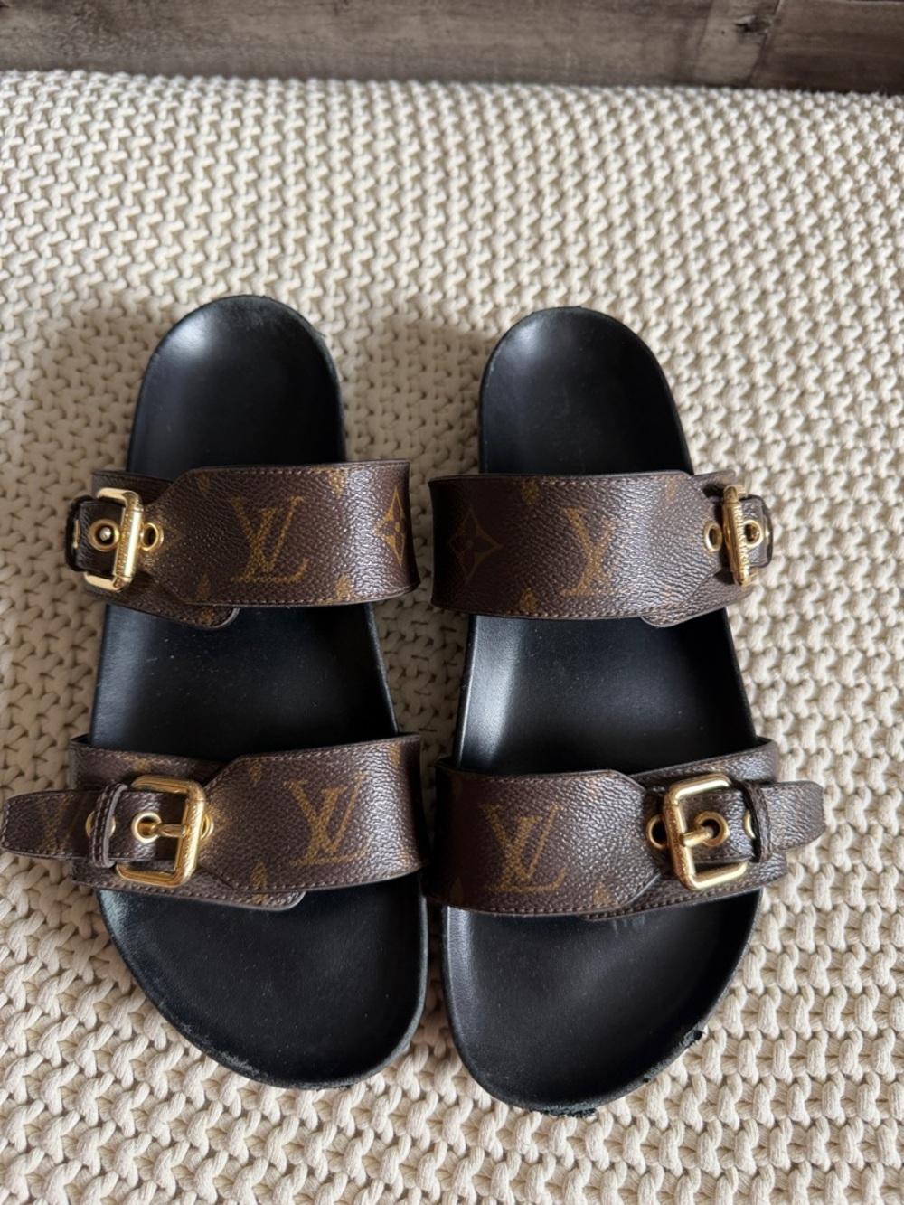Louis Vuitton Bom Dia Brown Monogram Double-Strap Buckle Slide Sandals - Picture 2 of 7